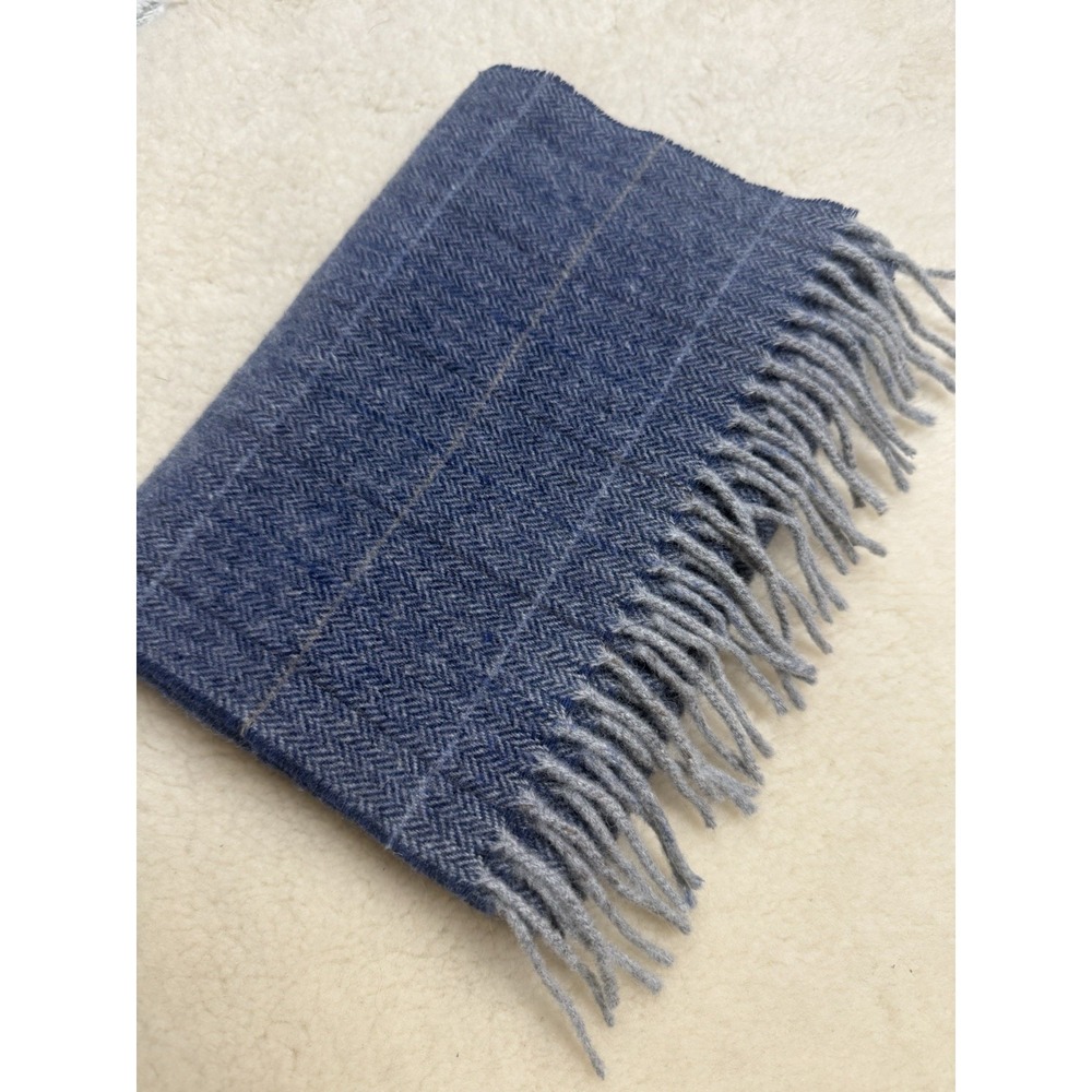 Cashmere Wool Herringbone Plaid Blue Scarf Made in Italy Fringe Old Money Luxury